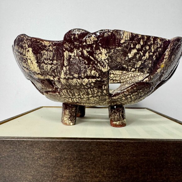 Art Studio Basket Weave Glazed Pottery Bowl 4 Footed Round Brown White READ - Picture 2 of 16